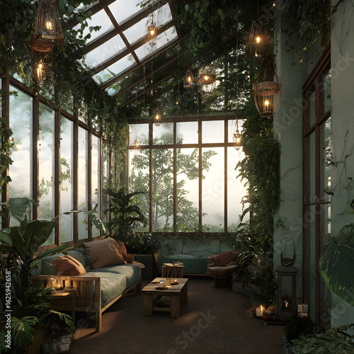 Cozy greenhouse interior with hanging lamps and lush plants during sunset