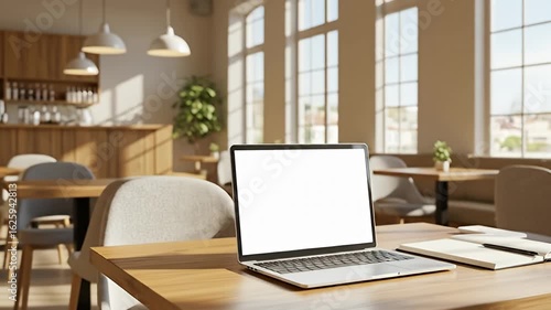 Wallpaper Mural Laptop and notebook on a table in a bright, blurred cafe interior. Sunlit, modern feel Torontodigital.ca