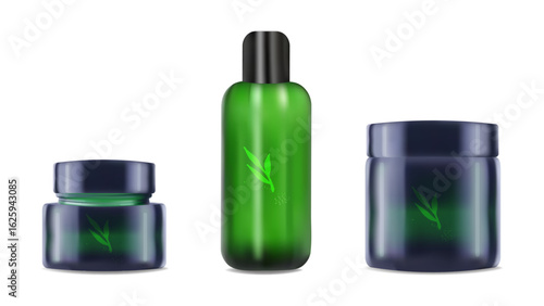 Realistic jar and tube for cream shampoo. Color green. For advertising presentation and website. Layout poster packaging concept beauty blog online store. Vector illustration.