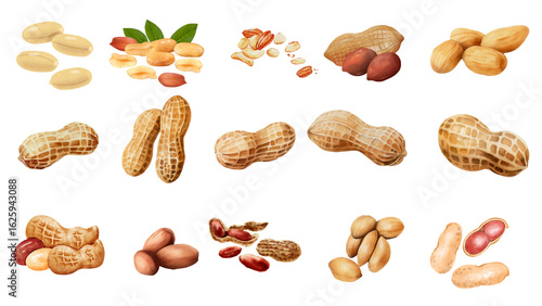 A comprehensive illustration set of peanuts, showcasing whole pods, shelled kernels, and roasted groundnuts for culinary use.