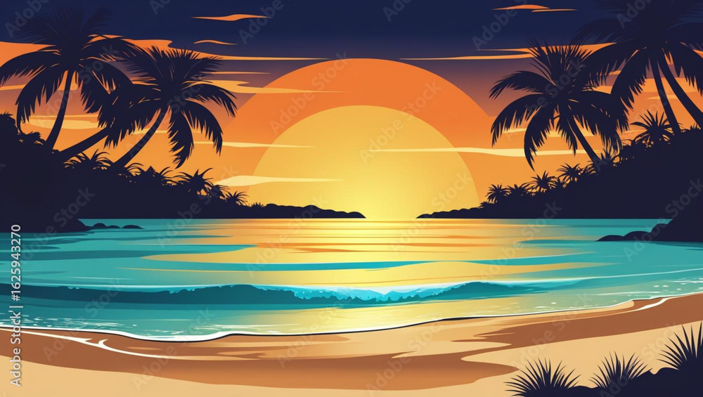 Obraz premium Tropical beach sunset palm trees ocean view