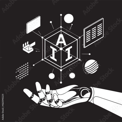 
 Link ×Title:
3D A futuristic robotic hand pointing at AI chips. Future cybernetic artificial intelligence, innovation and Machine learning. 