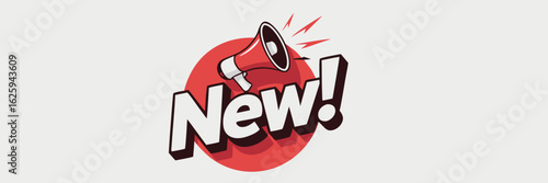 Cartoon Bullhorn Announcing New! with Bold Lettering and Red Accents on Light Grey Background