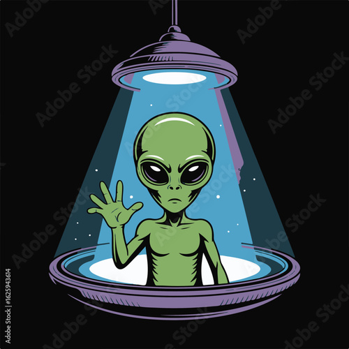 The alien hovered in the teleport. A scary alien with big eyes and a hand. A fantastic teleporter or time machine hanging from the ceiling in a blue glow.