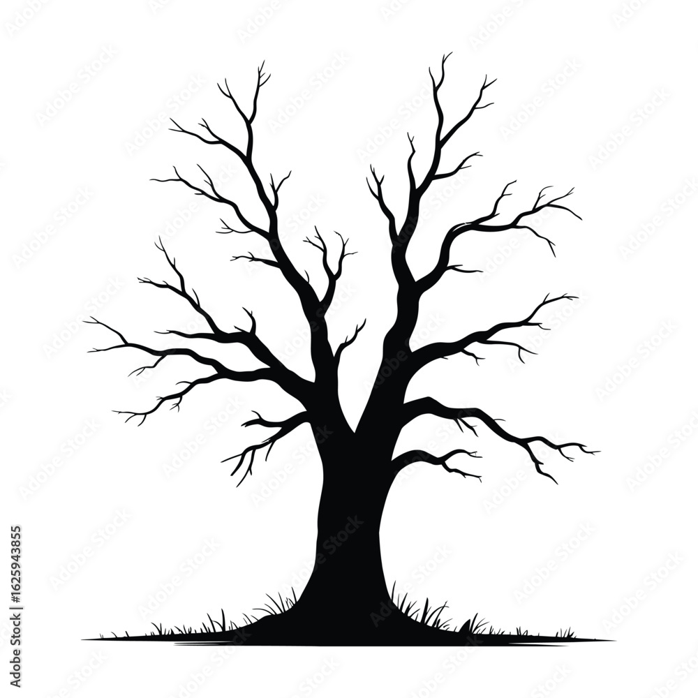 Fototapeta premium Dead Tree with Textured Bark Silhouette, Vector, Illustration, Outline, Line Art, Icon, White Background.