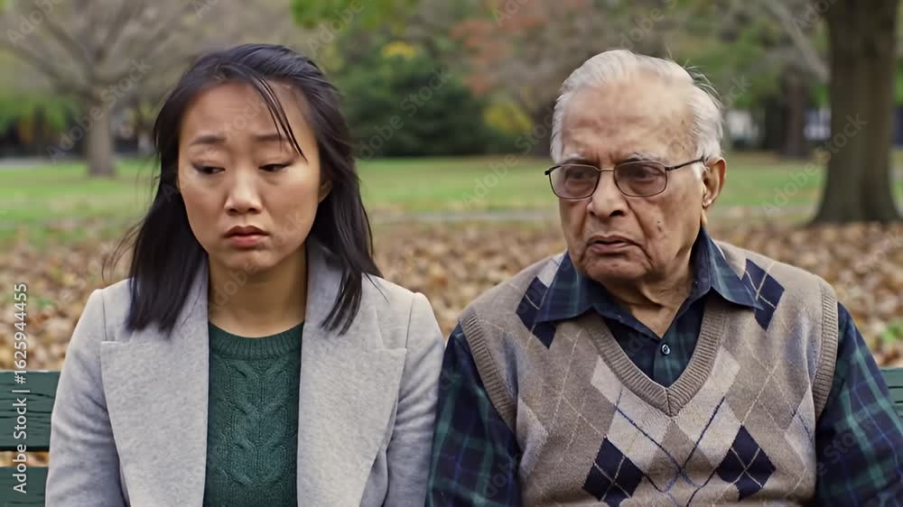 Young woman and older man sitting on park bench Young woman and older man sitting on park bench