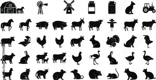 Farm Animal and Object Silhouette Set, Barn, Tractor, Windmill, Livestock Variety, Black Icons, Vector Clipart, Rural Design ElementsFarm Animal and Object Silhouette Set, Barn, Tractor, Windmill, Liv