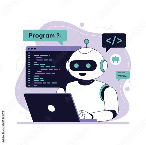 Man and robot with computers sitting together in workplace. Artificial intelligence workforce of future flat vector illustration. Friendship, AI, cooperation, digital technology concept for banne