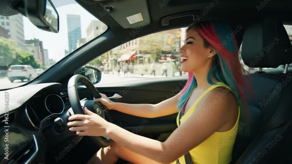 A beautiful young woman with a smile on her face is driving an automobile on the road A beautiful young woman with a smile on her face is driving an automobile on the road