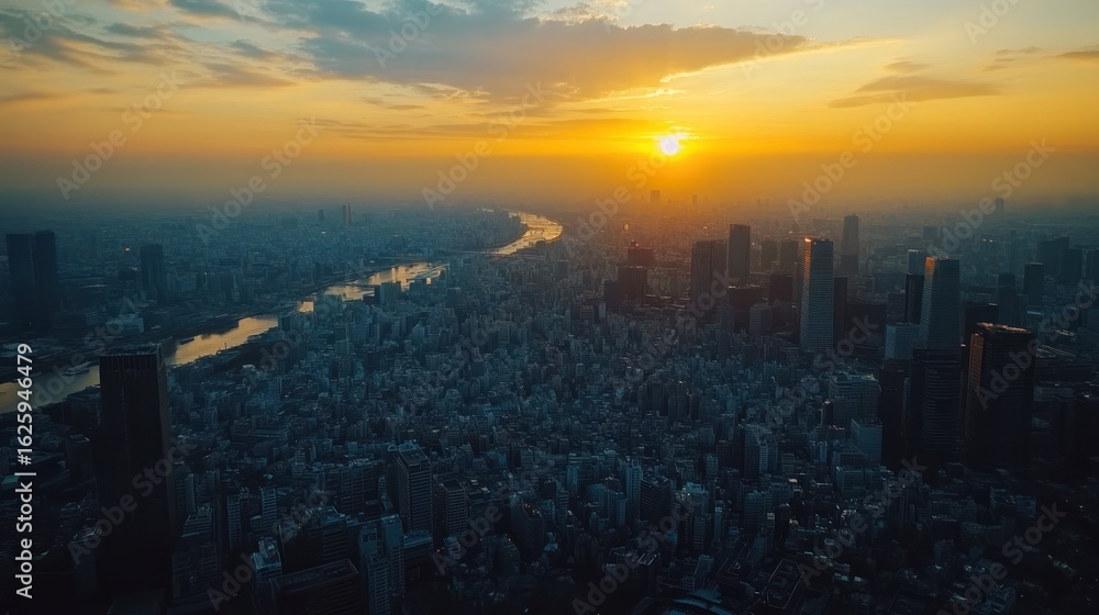 Fototapeta premium Sunset Over a Dense Urban Skyline with a River