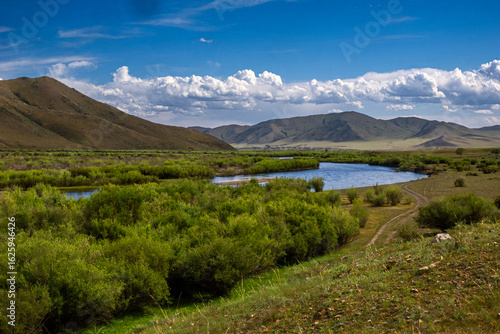 Obraz na płótnie Winding River through a Green Valley in Mongolia