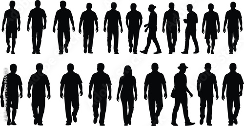 Walking People Silhouette Set, Diverse Human Poses, Black Figures, Two-Row Grid, Casual Motion, Vector Clipart, Urban Style, Design Elements