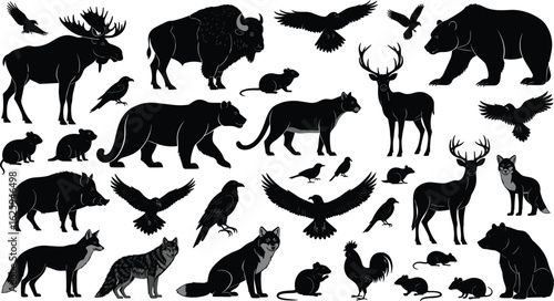 Wild Animal and Bird Silhouette Set, Moose, Bear, Deer, Birds in Flight, Black Icons, Vector Clipart, Nature Design Elements