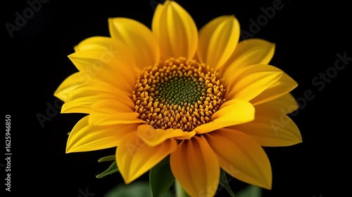Vibrant yellow sunflower bud unfurling petals against a dramatic black background, showcasing natural beauty and growth.