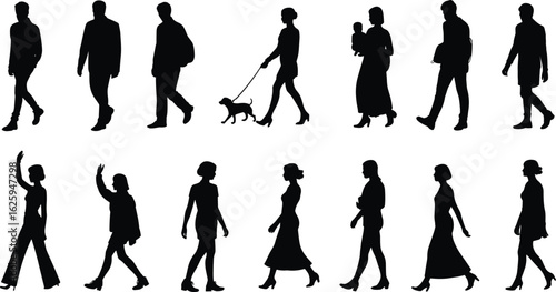 Silhouette people walking vector illustration, casual urban lifestyle, men women characters walking side view, black silhouette pedestrians, editable vector design