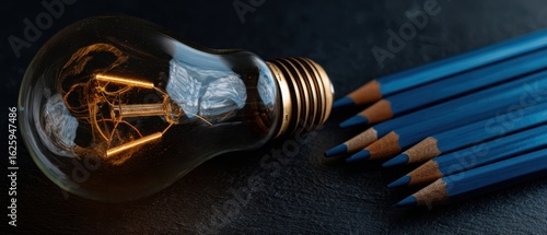 Wallpaper Mural The creative lightbulb and blue pencils on a textured surface. Torontodigital.ca