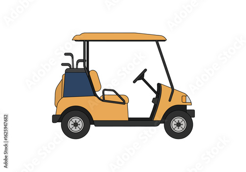 A side view illustration of a yellow golf cart with golf clubs and a steering wheel.
