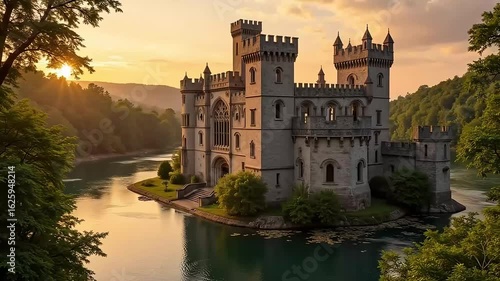 Majestic castle on tranquil lake at golden hour, evoking timeless elegance and serene beauty.