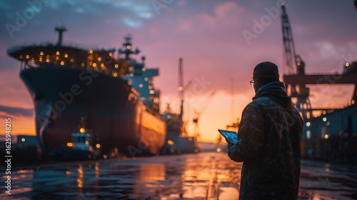 A person gazing at a ship at dock