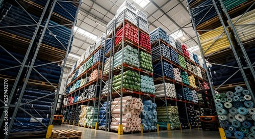 Colorful Fabric Rolls Stacked in Large Warehouse Storage Facility