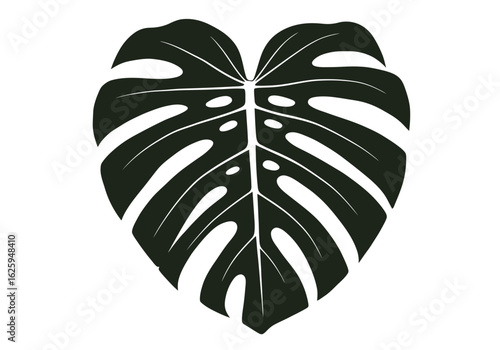 A striking, stylized illustration of a dark green Monstera deliciosa leaf, showcasing its iconic fenestrated structure against a clean white background.