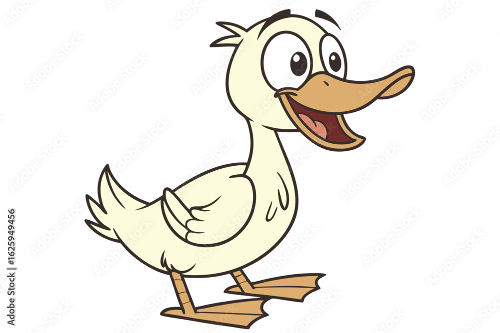 Obraz premium Funny cartoon duck, vector flat design, simple color palette, minimal outline, kids style