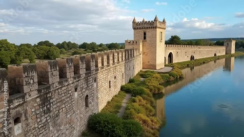 Majestic medieval castle walls stand strong beside a tranquil blue river under a cloudy sky