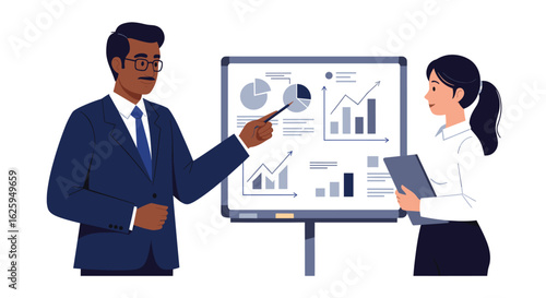 Business team presentation illustration. Male manager explaining charts and graphs on board to female colleague. Vector concept of teamwork, corporate strategy, data analysis, and office meeting.