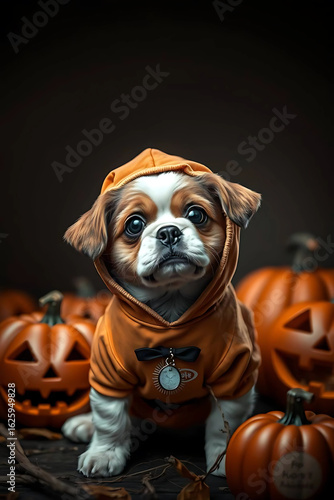 Adorable brown and white puppy with large expressive eyes wearing an orange hoodie costume with a small black bow.