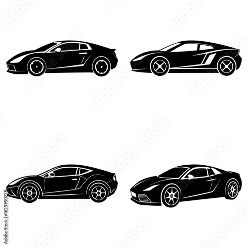Four black silhouette sports cars displayed in two rows on a white background showcasing sleek designs