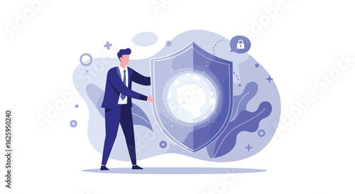 Businessman holding a shield symbolizing cybersecurity, data protection, privacy, and secure technology. Modern flat vector illustration for business and IT security concepts.