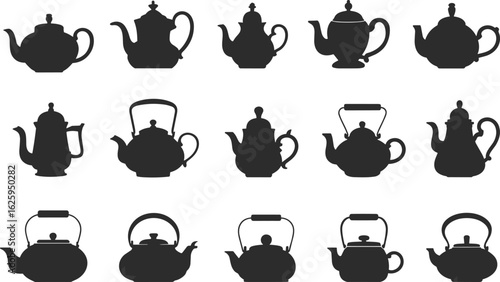 Collection of vintage teapots and kettles, antique kitchenware, elegant tea pots, silhouette design, flat vector illustration