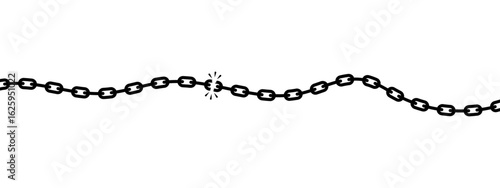 Black broken chain with cracked link in the center, symbolizing weakness, freedom, or disconnection in minimal bold style.