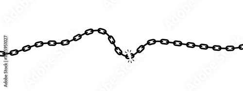 Black broken chain with cracked link in the center, symbolizing weakness, freedom, or disconnection in minimal bold style.