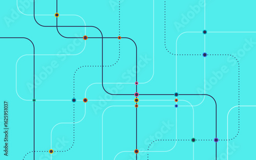 Stylized metro map with colorful curved lines and dots on cyan background, perfect for infographic, transit, or smart city design themes.