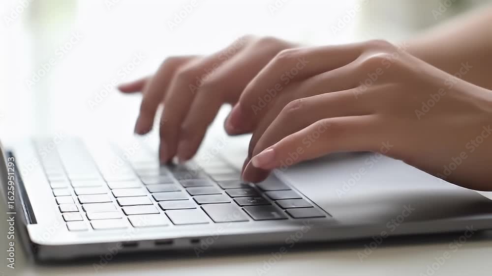 Woman's hands typing on a laptop keyboard, close up, blurred background Woman's hands typing on a laptop keyboard, close up, blurred background