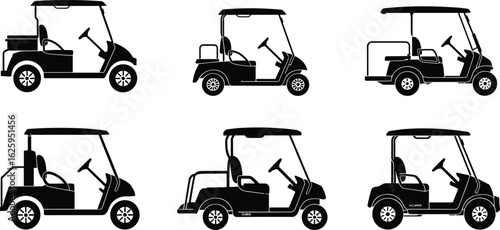 Golf cart vehicle silhouette collection, electric golf car icons set, transportation design, golf buggy shapes bundle, flat vector illustration