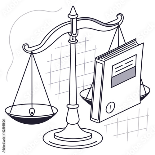 Scale of justice with book representing law and legal system isolated on white background