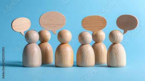 Wooden figures of people with speech bubbles on a blue background, symbolizing communication and social interaction in a group of people concept. 
