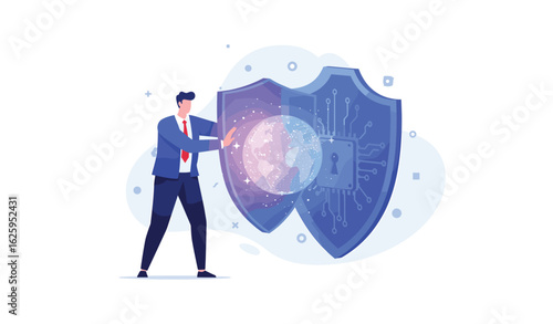 Illustration Vector of a Businessman with Shield and Globe for Modern Security Data Protection in Minimalist Style