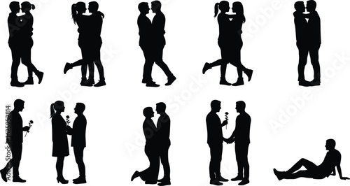 Silhouette of romantic couples posing together, love relationship themes, perfect for Valentine’s Day, wedding, emotional connection, affectionate embrace
