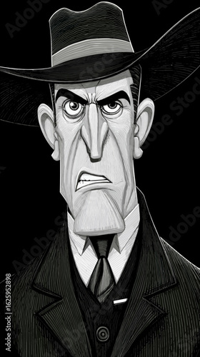 Intense illustration of a stern mob boss gangster guy in a black hat and coat expressing strong emotions in a graphic style
