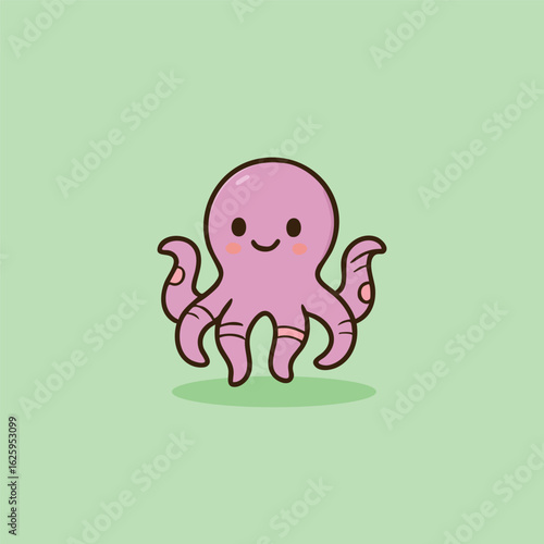 Cute smiling pink octopus character in a kawaii cartoon style with rosy cheeks and curled tentacles.