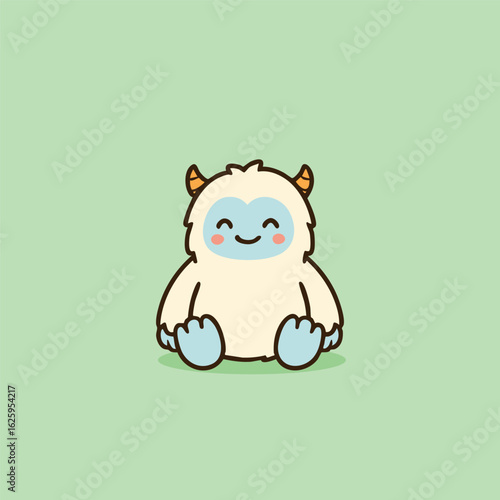Charming Kawaii Style Fluffy Cream Monster Character with Blue Face Horns and Happy Smile Sitting.