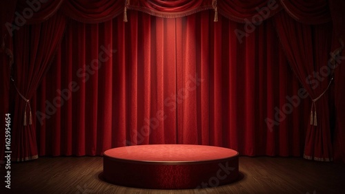 Stage podium with red curtains and spotlight