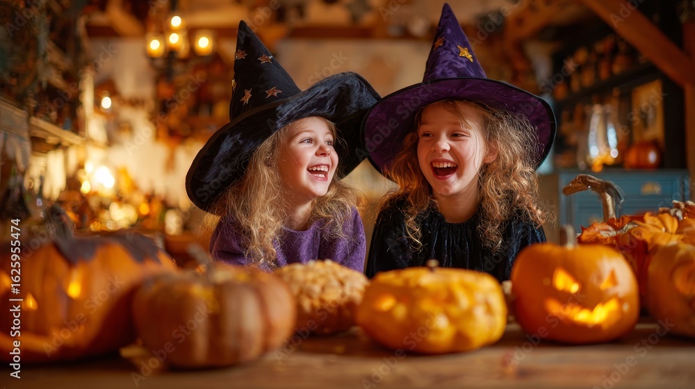 Fototapeta premium two happy little girls wearing witch hats, smiling and laughing at a halloween pumpkin party, surrounded by carved jack-o'-lanterns, cozy kitchen background with warm candlelight and festive decoratio