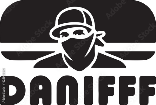 Bold black and white graphic illustration of a masked figure wearing a hat with the word daniifff prominently displayed below conveying a sense of rebellion or anonymity