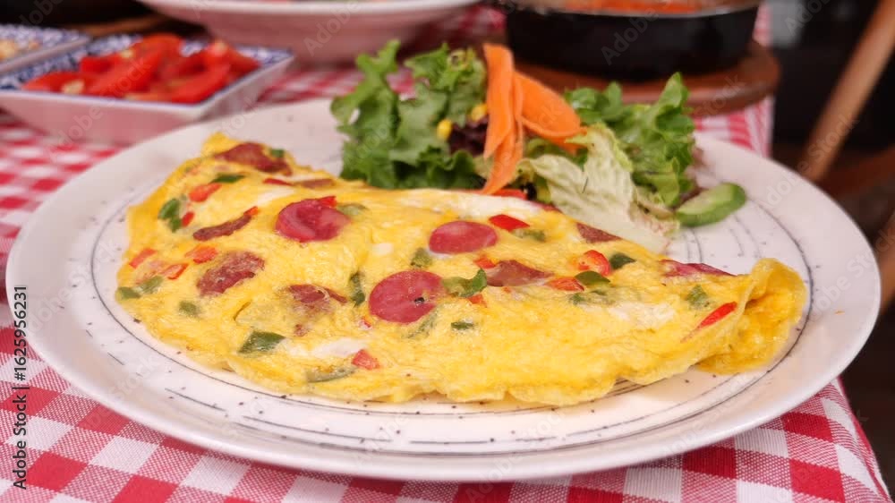 Delicious homemade omelette served with fresh salad Delicious homemade omelette served with fresh salad