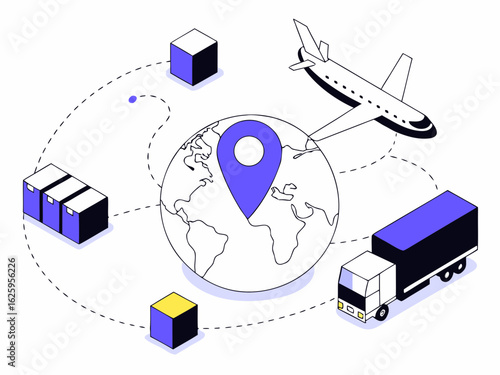 Global logistics and supply chain network connecting various transportation modes and cargo around the world