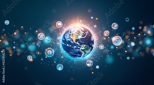 Global network connection concept planet Earth with technology icons